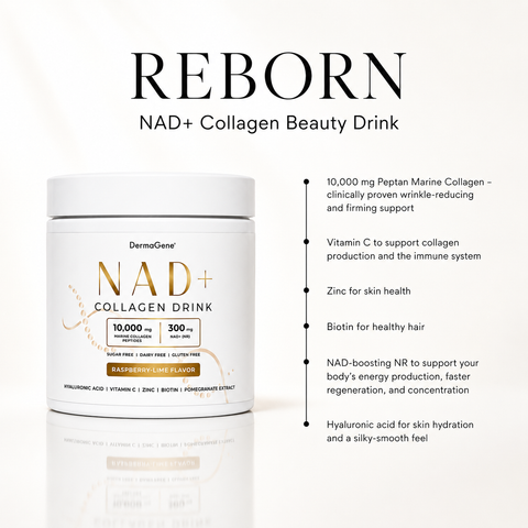 DermaGene® REBORN NAD+ Collagen Longevity Beauty Drink with NR, Marine Collagen Peptides, Hyaluronic Acid & Vitamin C