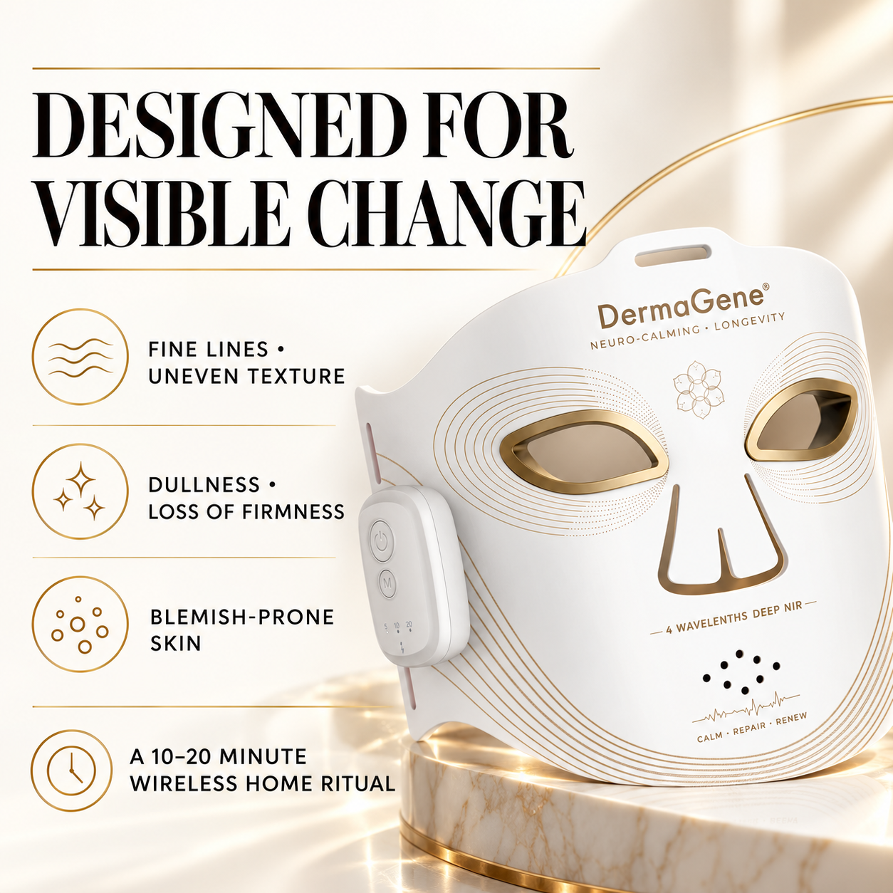 DermaGene NeuroCalm LED mask for fine lines, uneven texture, dullness, loss of firmness and blemish-prone skin