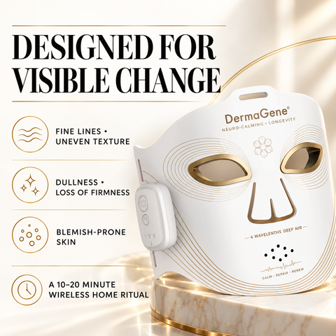 DermaGene NeuroCalm LED mask for fine lines, uneven texture, dullness, loss of firmness and blemish-prone skin
