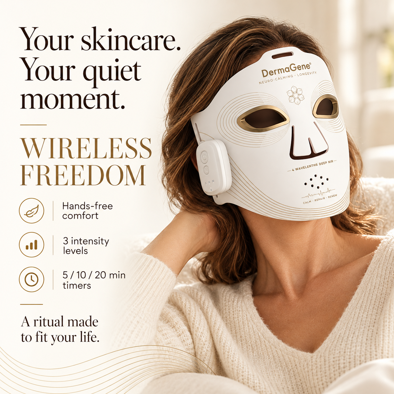 Illustrative lifestyle image of NeuroCalm wireless use, with hands-free comfort, three intensity levels and 5, 10 or 20 minute timers.