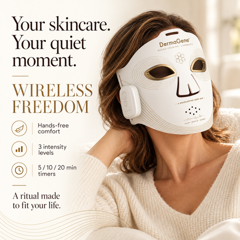 Illustrative lifestyle image of NeuroCalm wireless use, with hands-free comfort, three intensity levels and 5, 10 or 20 minute timers.